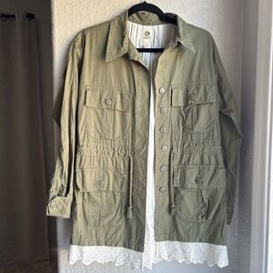 TINY Anthropologie Womens S Utility Jacket Green Eyelet Lace Military Cargo